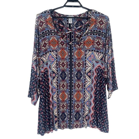 Catherines Patchwork 3/4 Sleeve Womens Top Sz 4X Boho New Aztec Lace Up Festival - Picture 1 of 9